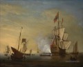 Peter Monamy attrib Scène du port Un navire anglais avec des voiles desserrées tirant un fusil